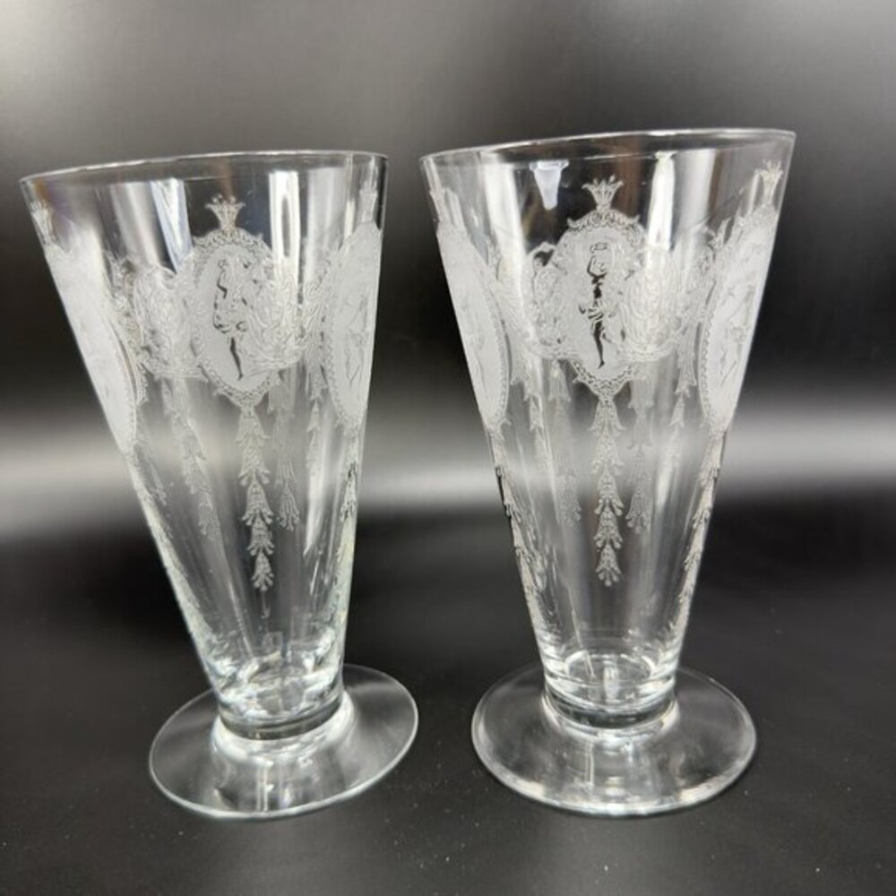 Tiffin Franciscan Classic Shawl Dancer Cameo Etched Nude Dancer Clear Cups Set 2